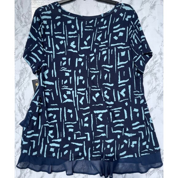 JM Collection Navy & Aqua Geometric Print Top With Sheer Ruffle Hem V-Neck - Picture 3 of 8